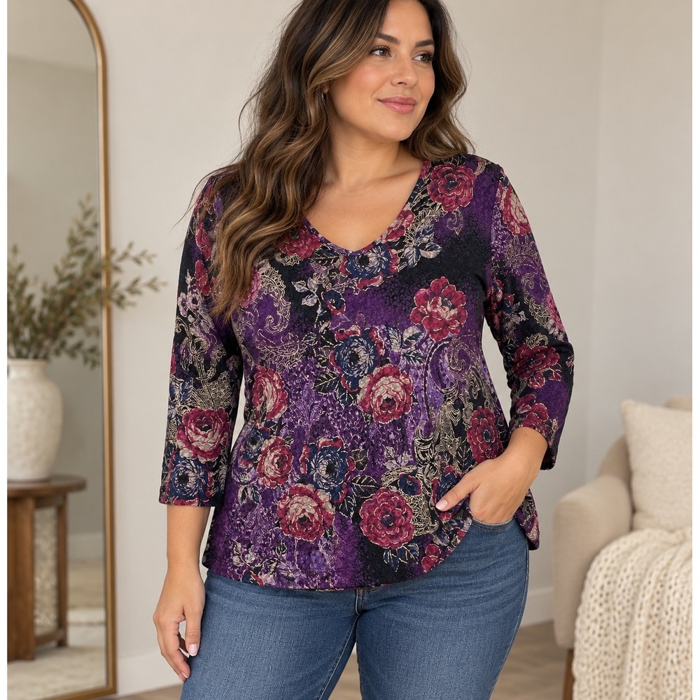 Additions by Chico's Purple Floral Paisley Metallic V-Neck Top Size 2 L
